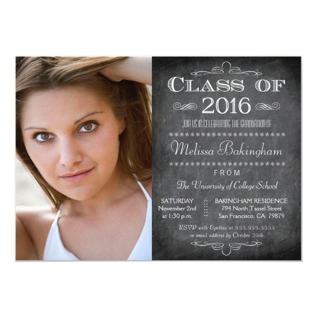 Class of 2016 chalkboard photo graduation party 5x7 paper invitation card (front side)