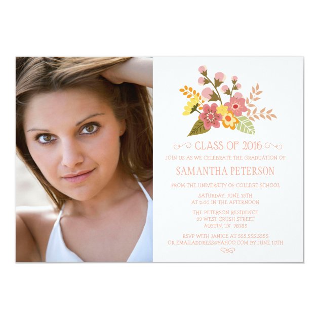 Class of 2016 floral bouquet photo graduation 5x7 paper invitation card (front side)