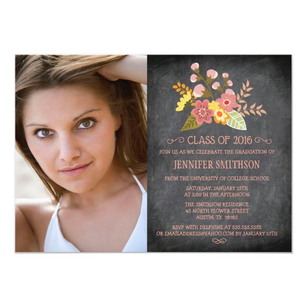 Class of 2016 floral chalkboard photo graduation 5x7 paper invitation card (front side)