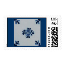 Classic Antiquarian Delft Blue Tile - Floral Motif Postage Stamp