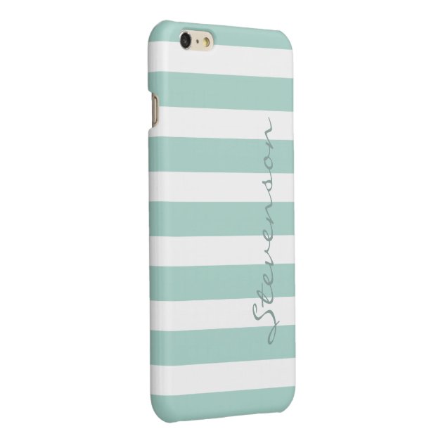 Classic Aqua Mint Stripes Pattern Monogrammed Glossy iPhone 6 Plus Case-2