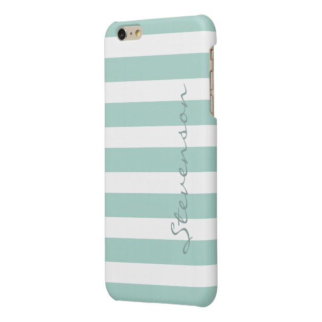 Classic Aqua Mint Stripes Pattern Monogrammed Glossy iPhone 6 Plus Case