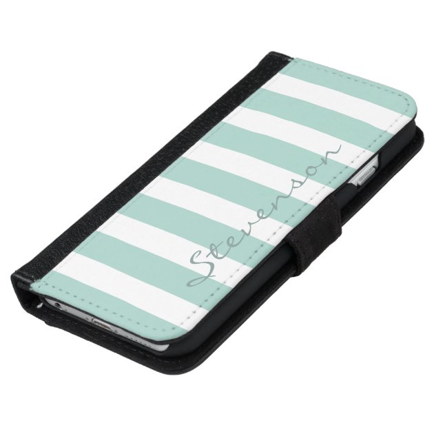 Classic Aqua Mint Stripes - Personalized Name iPhone 6 Wallet Case-5