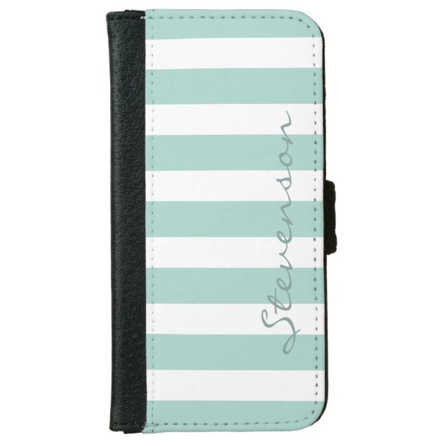 Classic Aqua Mint Stripes - Personalized Name iPhone 6 Wallet Case