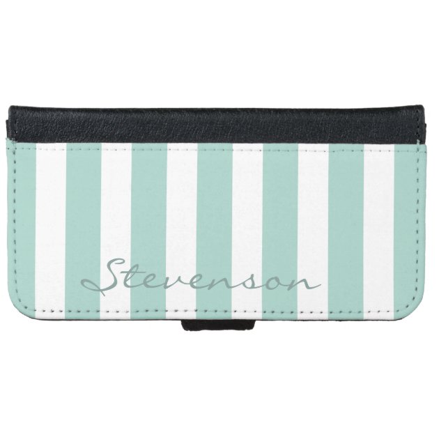 Classic Aqua Mint Stripes - Personalized Name iPhone 6 Wallet Case-4