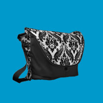 Classic Black and White Damask rickshaw messenger bags