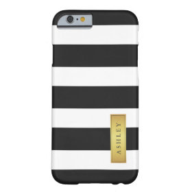 Classic Black White Stripe Pattern Gold Label Name Barely There iPhone 6 Case