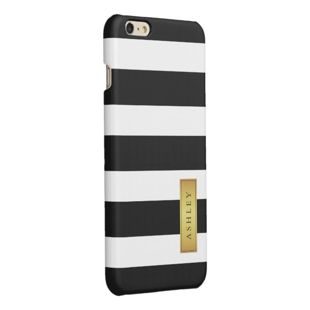 Classic Black White Stripe Pattern Gold Label Name Glossy iPhone 6 Plus Case-2