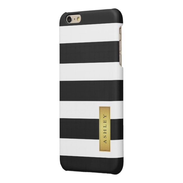 Classic Black White Stripe Pattern Gold Label Name Glossy iPhone 6 Plus Case
