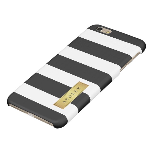 Classic Black White Stripe Pattern Gold Label Name Glossy iPhone 6 Plus Case-4