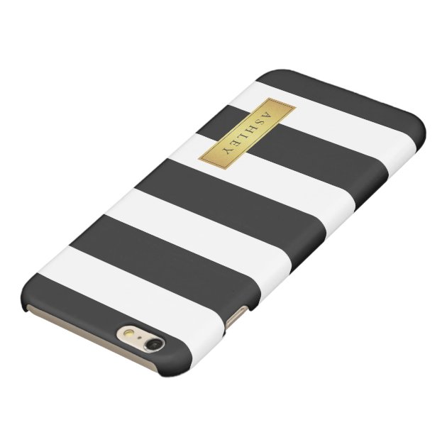 Classic Black White Stripe Pattern Gold Label Name Glossy iPhone 6 Plus Case-3