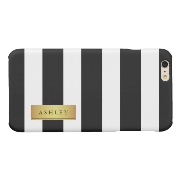 Classic Black White Stripe Pattern Gold Label Name Glossy iPhone 6 Plus Case-5