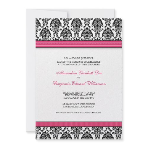 Classic Damask Wedding Invitation (fuchsia ribbon) invitation