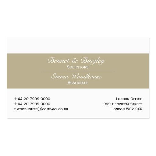 Classic Elegance Tan & White Business Card (front side)