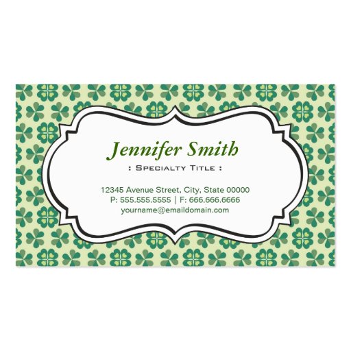 Classic Green Lucky Clover Simple Elegant Shamrock Business Card Template (front side)