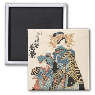 Classic japanese vintage ukiyo-e geisha and child refrigerator magnets
