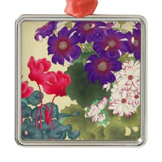 Classic japanese vintage watercolor flowers art christmas ornaments