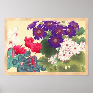 Classic japanese vintage watercolor flowers art poster