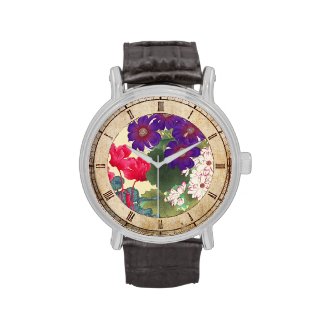 Classic japanese vintage watercolor flowers art watch