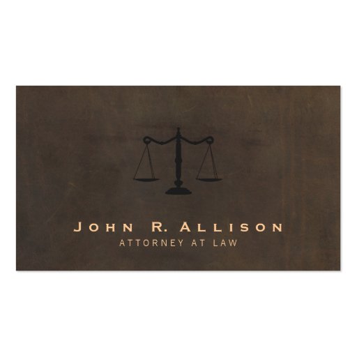 Classic Justice Scale Brown Leather Look Attorney Business Card Template (front side)