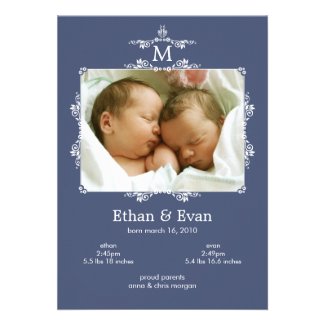 Classic Monogram Twins Photo Birth Announcement