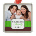 Classic portrait green stripe band Christmas photo ornament
