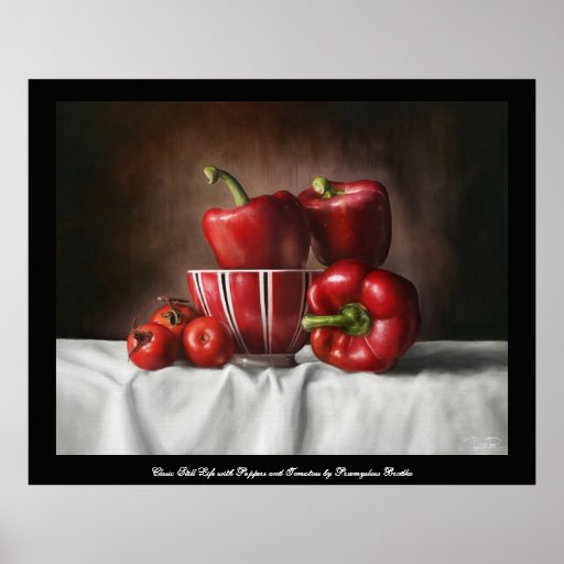 Classic still life with peppers amd tomatoes print