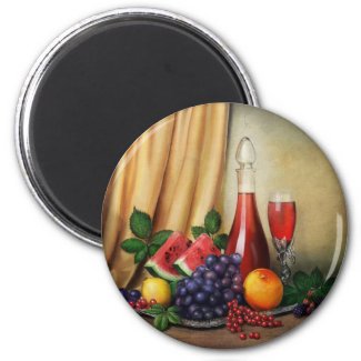 Classic still life with wine and fruits painting fridge magnet