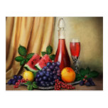 Classic still life with wine and fruits painting postcard