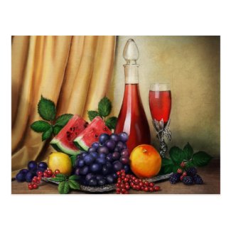 Classic still life with wine and fruits painting postcard