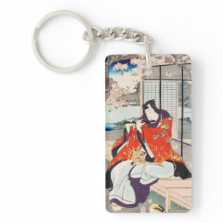 Classic vintage japanese ukiyo-e flute player art rectangular acrylic key chain