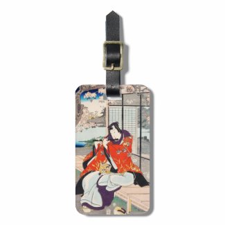 Classic vintage japanese ukiyo-e flute player art bag tag