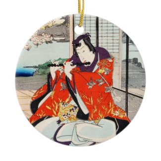 Classic vintage japanese ukiyo-e flute player art christmas tree ornaments