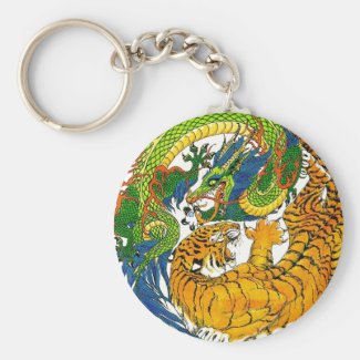Classic Vintage oriental Yin Yang Dragon Tiger art Keychain