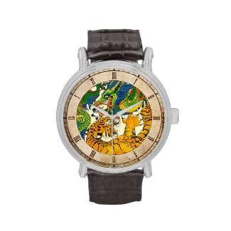 Classic Vintage oriental Yin Yang Dragon Tiger art Wrist Watches
