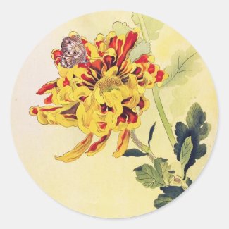 Classic vintage ukiyo-e chrysanthemum butterfly round stickers