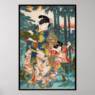 Classic vintage ukiyo-e geisha and child Utagawa Print
