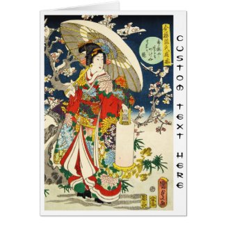 Classic vintage ukiyo-e geisha with umbrella greeting card