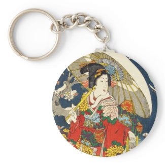 Classic vintage ukiyo-e geisha with umbrella key chain