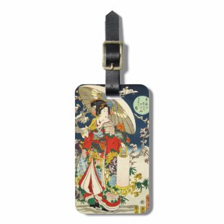 Classic vintage ukiyo-e geisha with umbrella tags for luggage