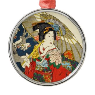 Classic vintage ukiyo-e geisha with umbrella christmas tree ornaments