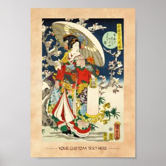 Classic vintage ukiyo-e geisha with umbrella print