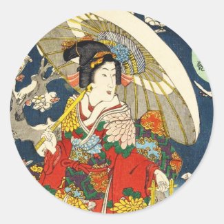 Classic vintage ukiyo-e geisha with umbrella round stickers