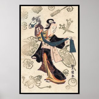 Classic vintage ukiyo-e japanese woman and puppet print