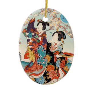 Classic vintage ukiyo-e two geishas Utagawa art Christmas Tree Ornaments