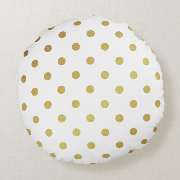 Classic White and Gold Glitter Polka Dots Round Pillow