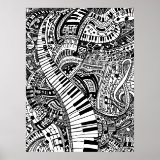 How good songs make me feel - Black and white Classical music flow doodle with musical notes treble clef piano keyboard keys creative art artwork poster