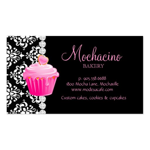 Classy Bakery Business Card Cupcake Damask Pink Bl (back side)