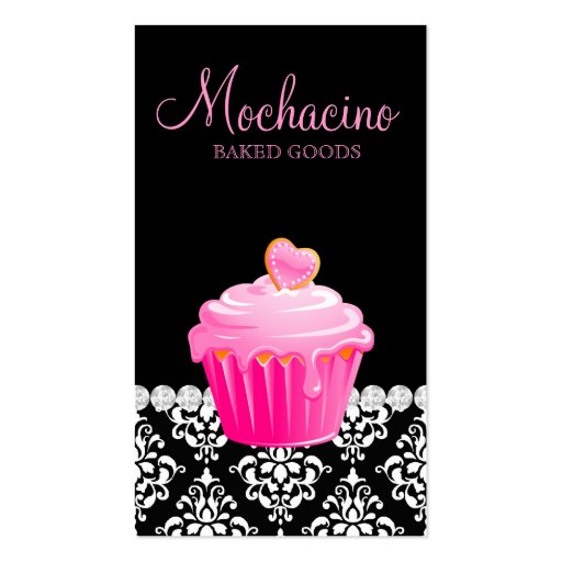 Classy Bakery Business Card Cupcake Damask Pink Bl (front side)