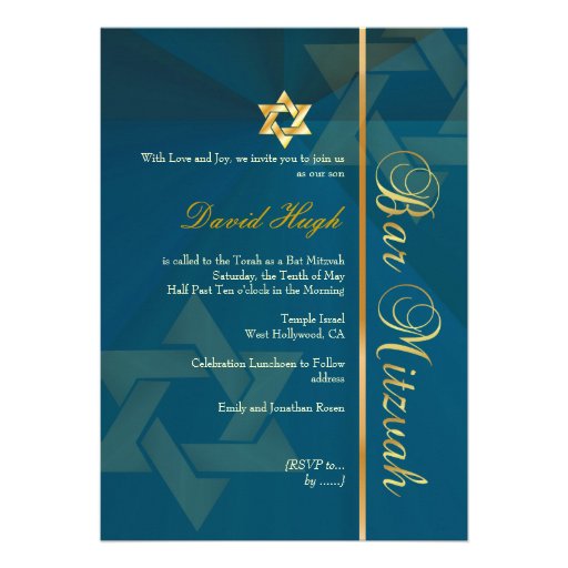 Classy Bar Mitzvah/teal blue/gold Custom Invitations (front side)